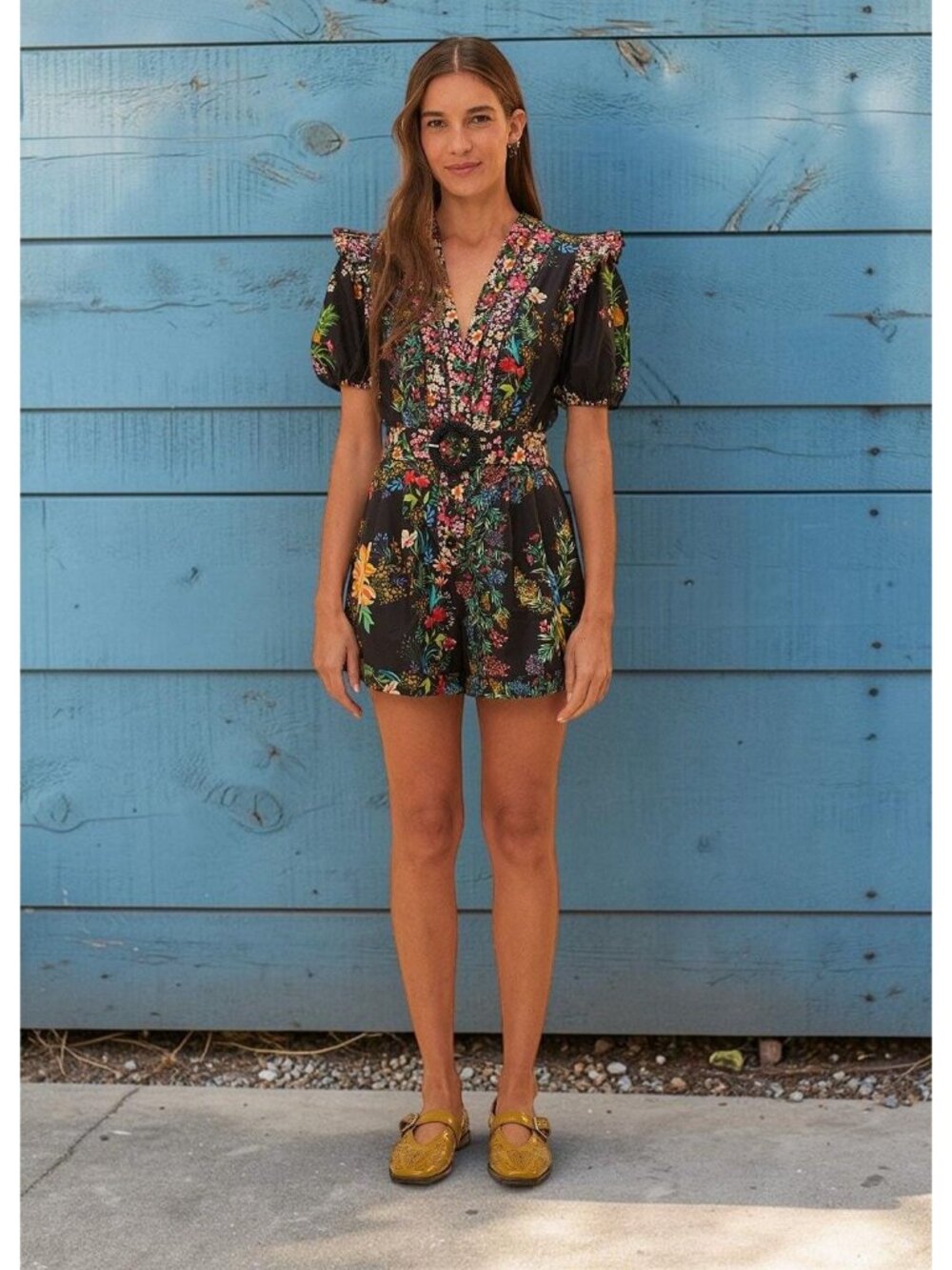 Farm Rio Delicate Forest Belted Embellished Floral Scarves Cotton Romper Medium - Picture 2 of 7